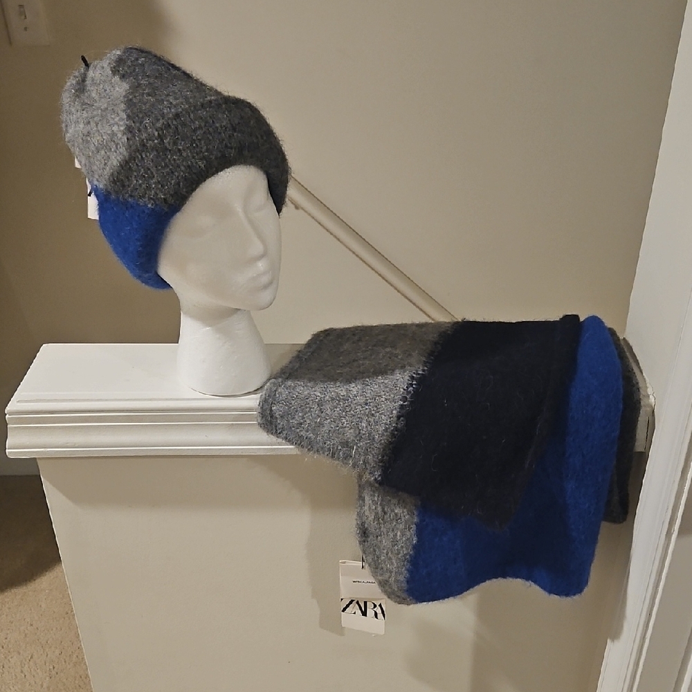 ZARA Blue, Gray & Black Colorblock Knit Hat and Scarf Set